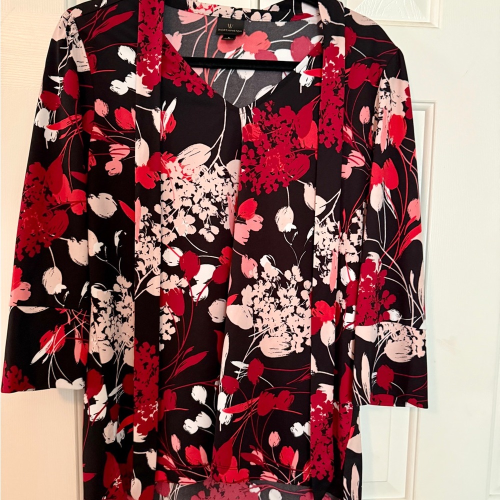 Worthington Floral Blouse Size L Black Red Pink Long Sleeve Office Career Top
